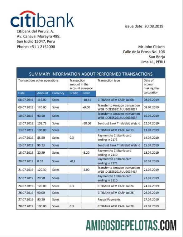 Extrato bancário realista do Peru Citibank, modelo fácil de preencher em formato Word e PDF